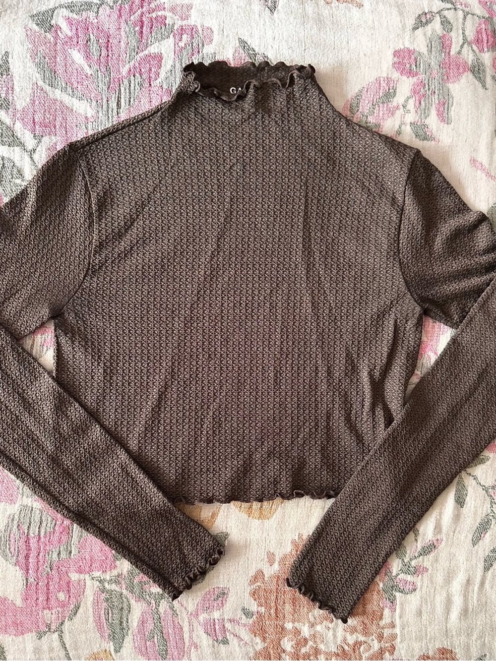 Garage Women's Ruffled Mock Neck Long Sleeve Top - Dark Brown
